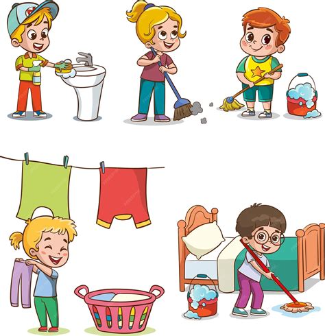 Niños de dibujos animados haciendo tareas domésticas Niños y niñas ...