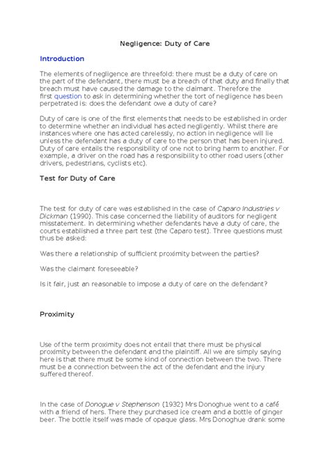 Negligence DUTY OF CARE - Negligence: Duty of Care Introduction The elements of negligence are ...