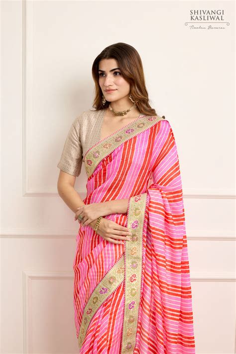 Orange Rani Pink Banarasi Organza Leheriya Saree - Shivangi Kasliwal
