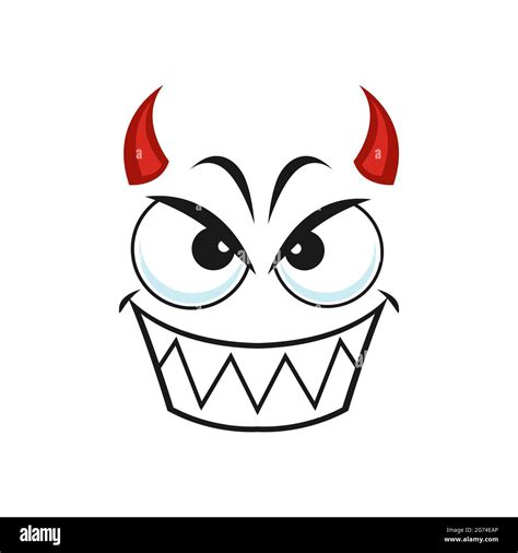 Cartoon devil face, smiling vector emoji, demon with red horns gloat ...