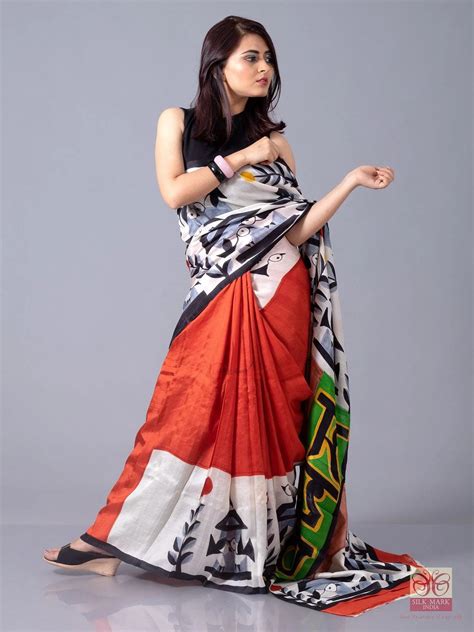 Orange Par Anchal Hand Painted Silk Saree – WeaversIndia