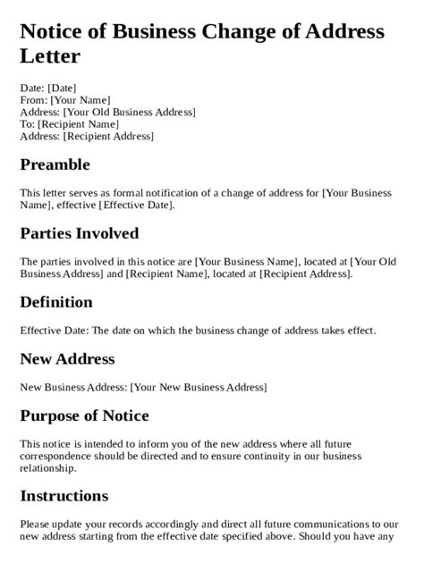 Notice Business Change of Address Letter Template - Blank Fillable ...