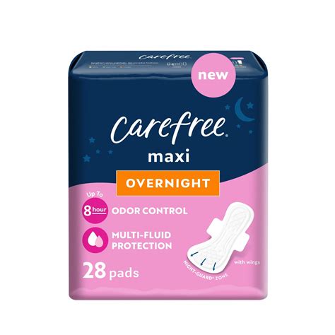 CAREFREE® Overnight Maxi Pads with Wings, Unscented, 28 Ct - Walmart.com