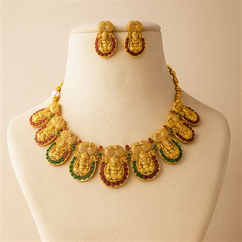 Temple Necklace Set - Gold Plated Ruby Emerald | Choker, Earrings ...
