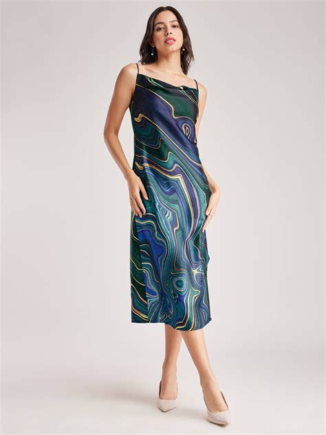 Buy Navy Blue Satin Cowl Neck Dress Online | FableStreet