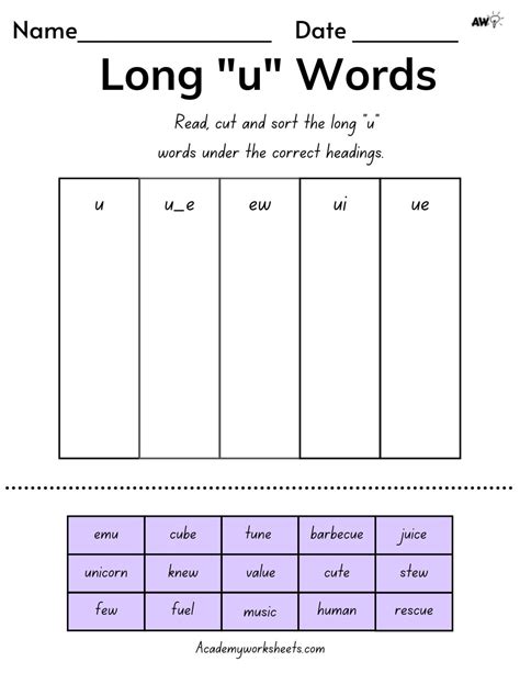 Long vowel u words - Academy Worksheets