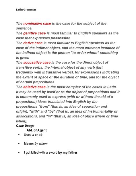 Latin Grammar - The nominative case is the case for the subject of the ...