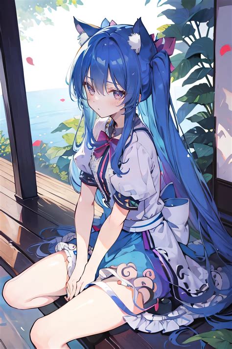 Anime girl with blue hair sitting on a bench with a cat ear - SeaArt AI