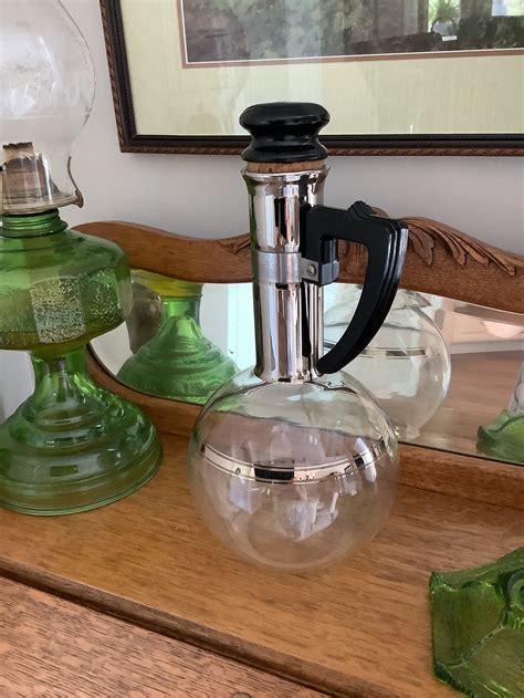 Vintage Mid Century Glass Coffee Carafe, Wooden Handle, Silver Tone ...