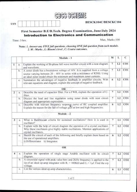 CBCS SCHEME USN 1st Sem Exam 2024: Intro to Electronics & Comm - Studocu