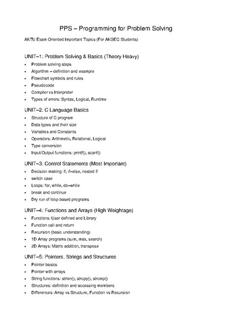 PPS AKTU Important Topics for Problem Solving Exam (AKGEC) - Studocu