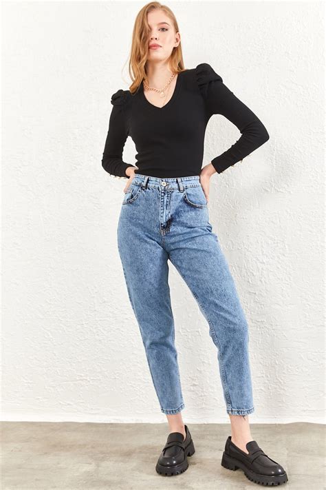 Buz Mavi Kar Yıkama Yüksel Bel Mom Jean | Oshebu