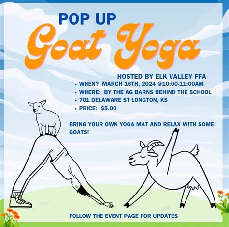 Pop Up Goat Yoga, Elk Valley USD 283, Longton, 16 March 2024 | AllEvents