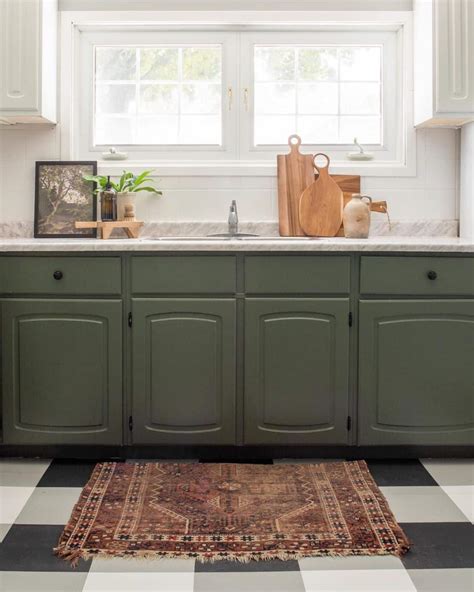 Checkered Tile Floor and Farmhouse Sage Green Kitchen Cabinets - Soul ...