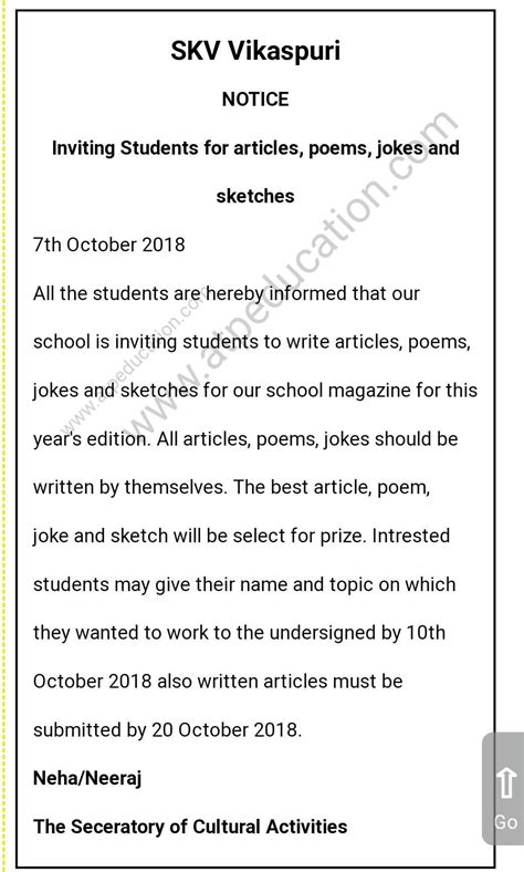 write a notice to invite the students to submit article poems stories ...