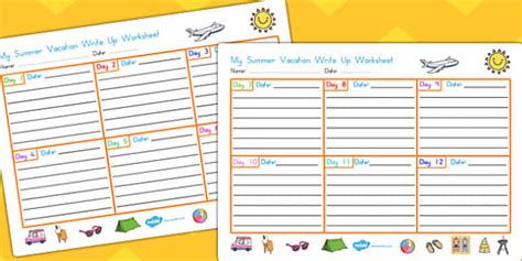 My Summer Vacation Write Up Worksheet