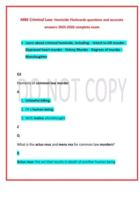 MBE Criminal Law: Homicide Flashcards questions and accurate answers ...
