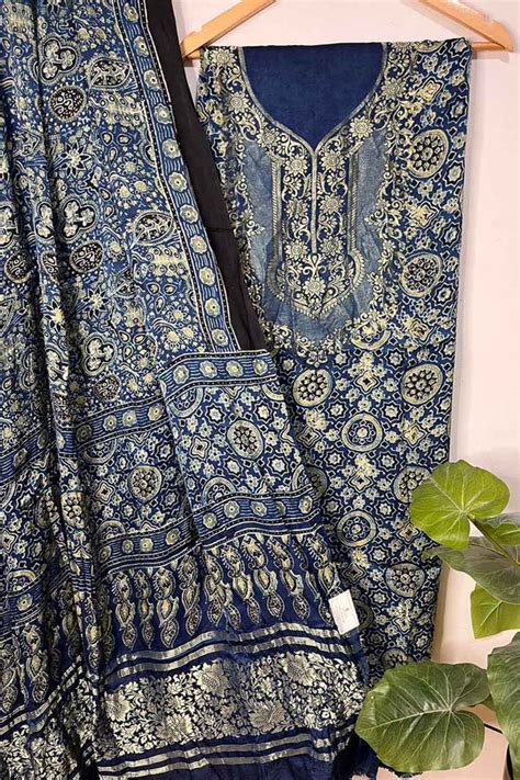 Get 20% Off on Blue Ajrakh Block Printed Modal Silk Suit