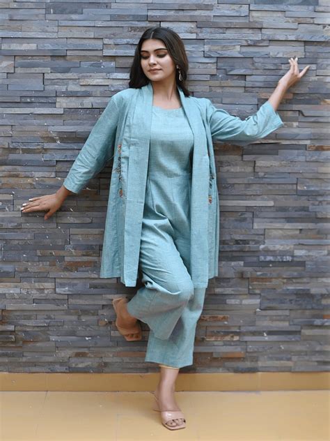 Khadi Embroidered Jumpsuit With Shrug - Turquoise – Charkha Tales