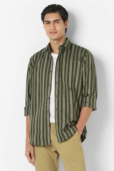Buy Men Olive Slim Fit Stripe Full Sleeves Casual Shirt Online ...