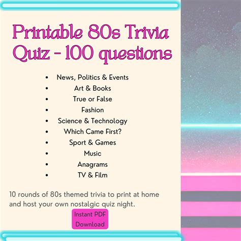 Printable 80s Trivia Quiz - 100 Questions, PDF Digital Download, 1980s ...