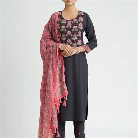 Women Plus Dark Grey Embroidered Viscose Rayon Suit Set with Dupatta