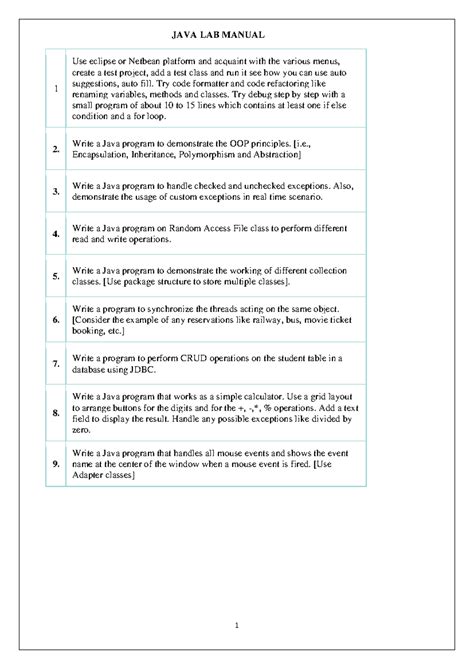 JAVA LAB Manual: Activities & Projects for OOP Principles, Exceptions ...