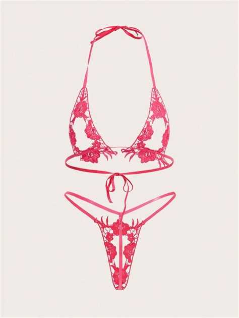 Floral Embroidery Mesh Halter Lingerie Set | SHEIN USA