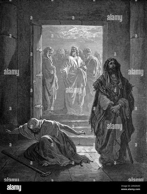Wood engraving of the Pharisee and the Publican - The Pharisee prayed ...