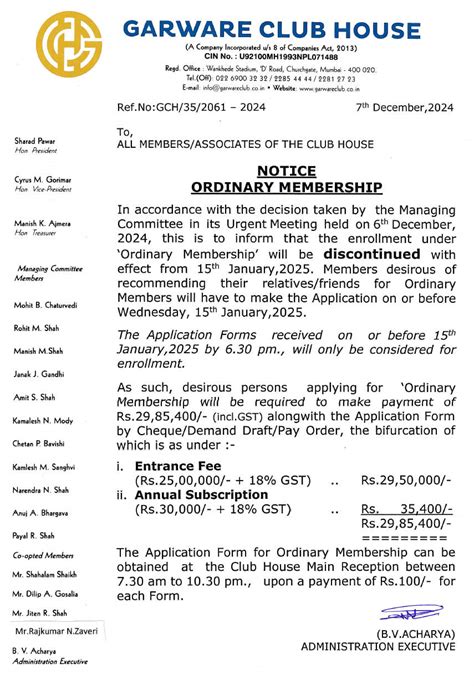 Notice Dt. 7 Dec 2024 Regarding Ordinary Membership - Garware Club House