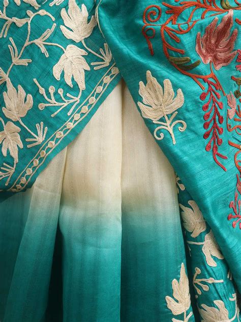 Blue And White Embroidered Kashmiri Aari Work Tussar Silk Saree ...