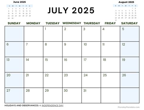 Printable Calendar 2025 July