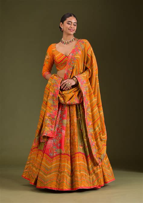 Buy Orange Cutdana Silk Semi Stitched Lehenga - Koskii