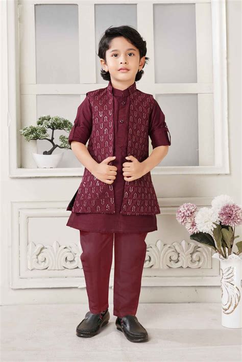 Classic Maroon Kurta Set With Overcoat For Boys – Lagorii Kids