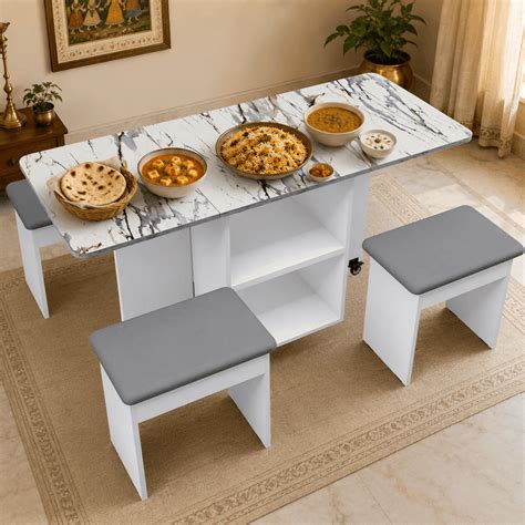Bonbon 4 Seater Folding Dining Table with Inbuilt Seating (Marble Fini ...