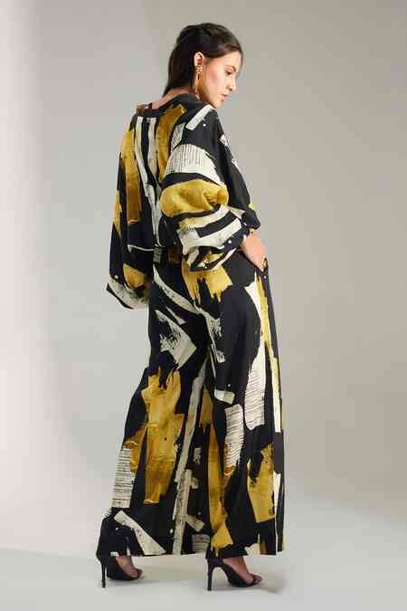 Buy Black Cotton Satin Embroidery Mandarin Collar, Art Print Baggy Fit ...