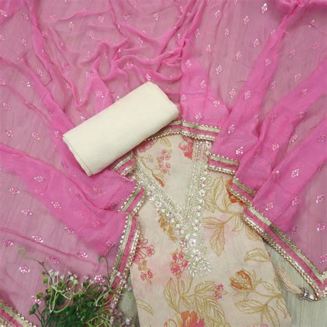 Ada Creamy Beige V Neck Moti and Kardana Work Floral Print Chinon Suit ...