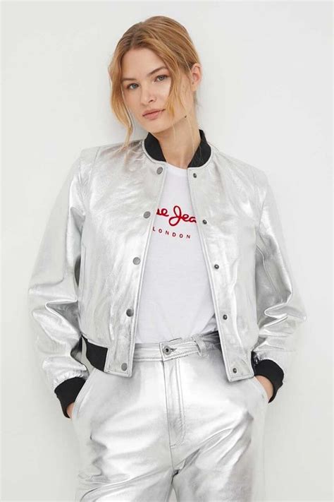 Pepe Jeans kurtka bomber skórzana SELENA damska kolor srebrny ...