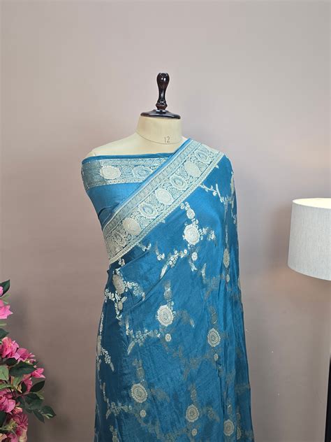 Crush Crepe Banarasi Saree – Firozi Blue Body with All Over Boota Jaal ...