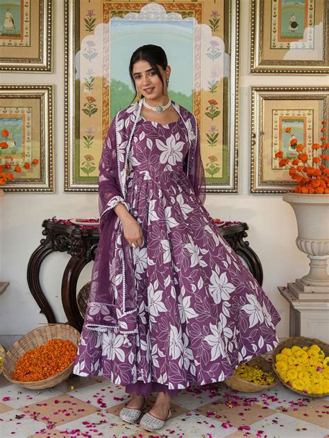 Dreamy Purple Color Printed Anakali Suit Set with Dupatta – Indianvirasat