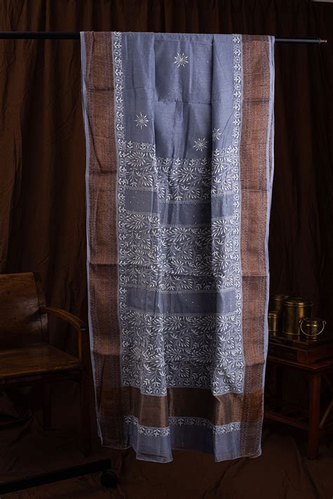Steel Grey Chanderi Silk Chikankari Saree – Tif Label