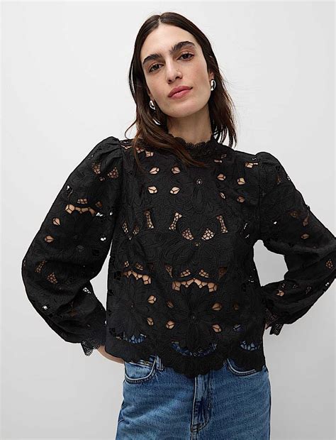 Buy Cutwork High Neck Puff Sleeve Top at Marks & Spencer