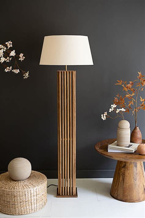 Modern Wood Spindle Floor Lamp With Fabric Shade | Wooden floor lamps ...