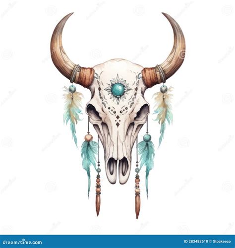 Watercolor Cow Skull Drawing with Mystic Symbolism and Turquoise ...