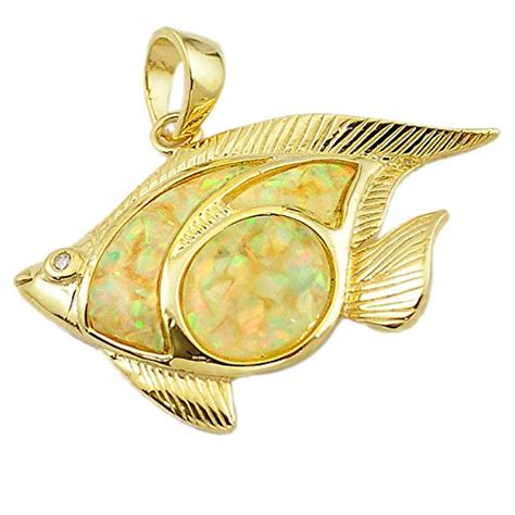 Natural white australian opal (lab) 925 silver 14k gold fish pendant ...