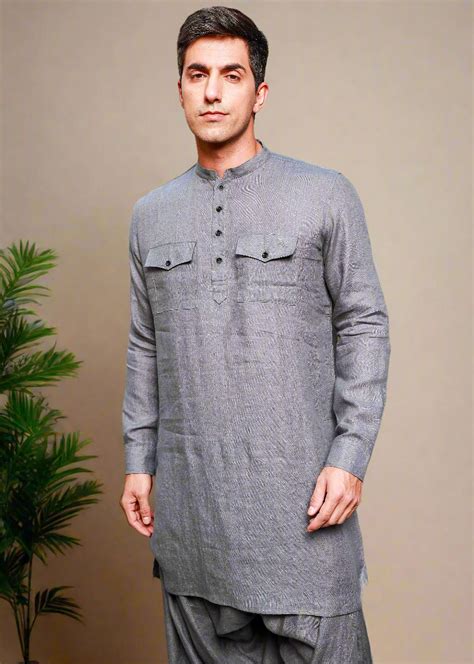 Grey Full Sleeve Double Pocket Pure Linen Long Kurta – Linen Trail