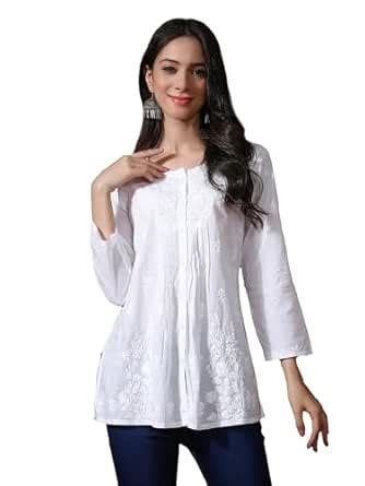 Seva Chikan Hand Embroidered Lucknowi Chikankari White Cotton Short Top ...