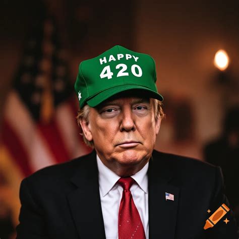 Portrait of a man resembling Donald Trump wearing a green cap that says ...