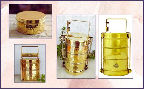 Buy INDIAN ART VILLA Brass Tiffin Lunch Box with Tin Lining - Handmade ...