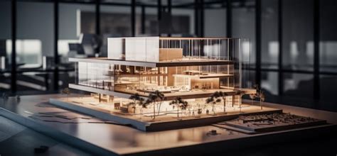 Architectural model of a building on a large construction table ...